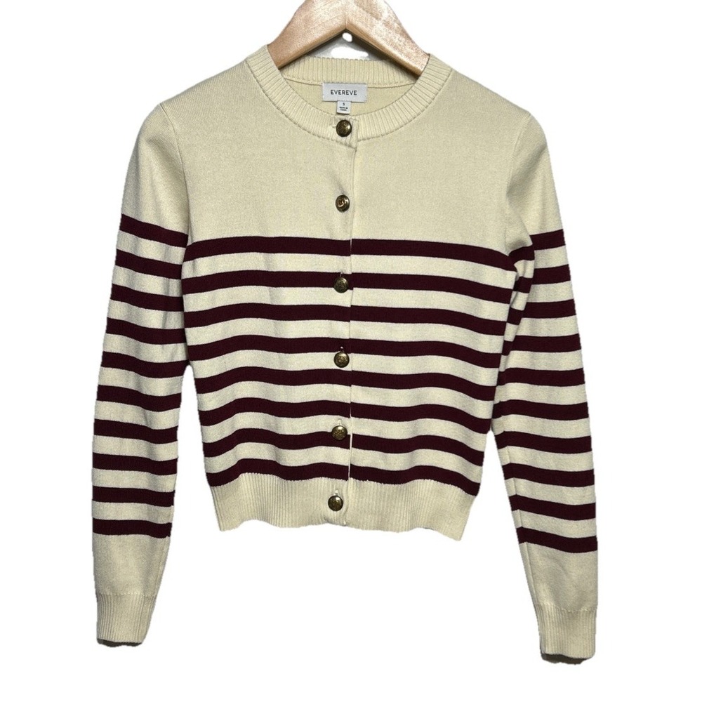 Evereve Striped Cardigan‎ Cream Maroon Metal Buttons Women's Size Small EUC